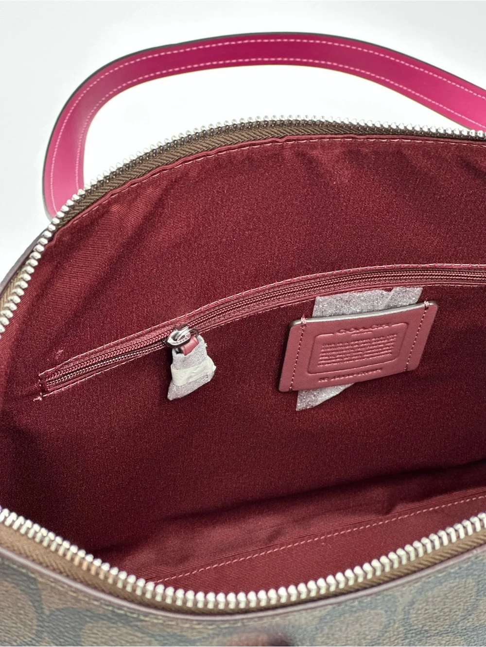 Coach Brown Signature Tote with Pink Handles